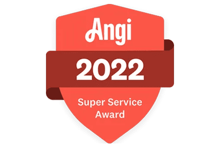 A red badge featuring the text "Angi 2022 Super Service Award" in white honors excellence in Chimney Repair Fairfield County CT.