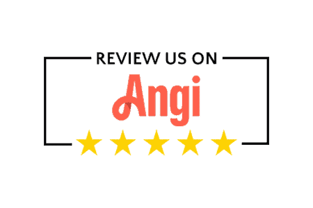 The image displays the text "Review Us on Angi" in a stylish font, with five gold stars beneath it, inviting feedback for services like Chimney Sweep New Haven County CT.