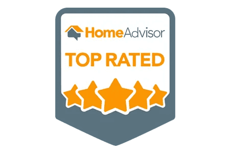 HomeAdvisor badge displaying the text "TOP RATED" above five orange stars on a gray shield background—a mark of excellence for Chimney Repair services in Fairfield County, CT.