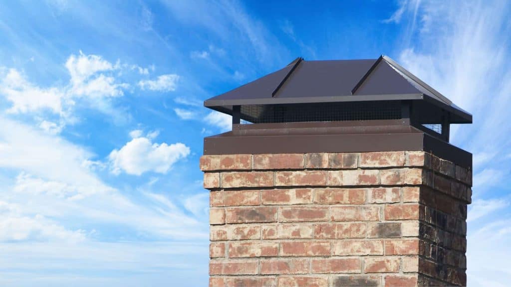 A brick chimney with a dark metal cap stands proudly against a bright blue sky scattered with white clouds, reminiscent of the high-quality chimney caps Fairfield County CT is known for.